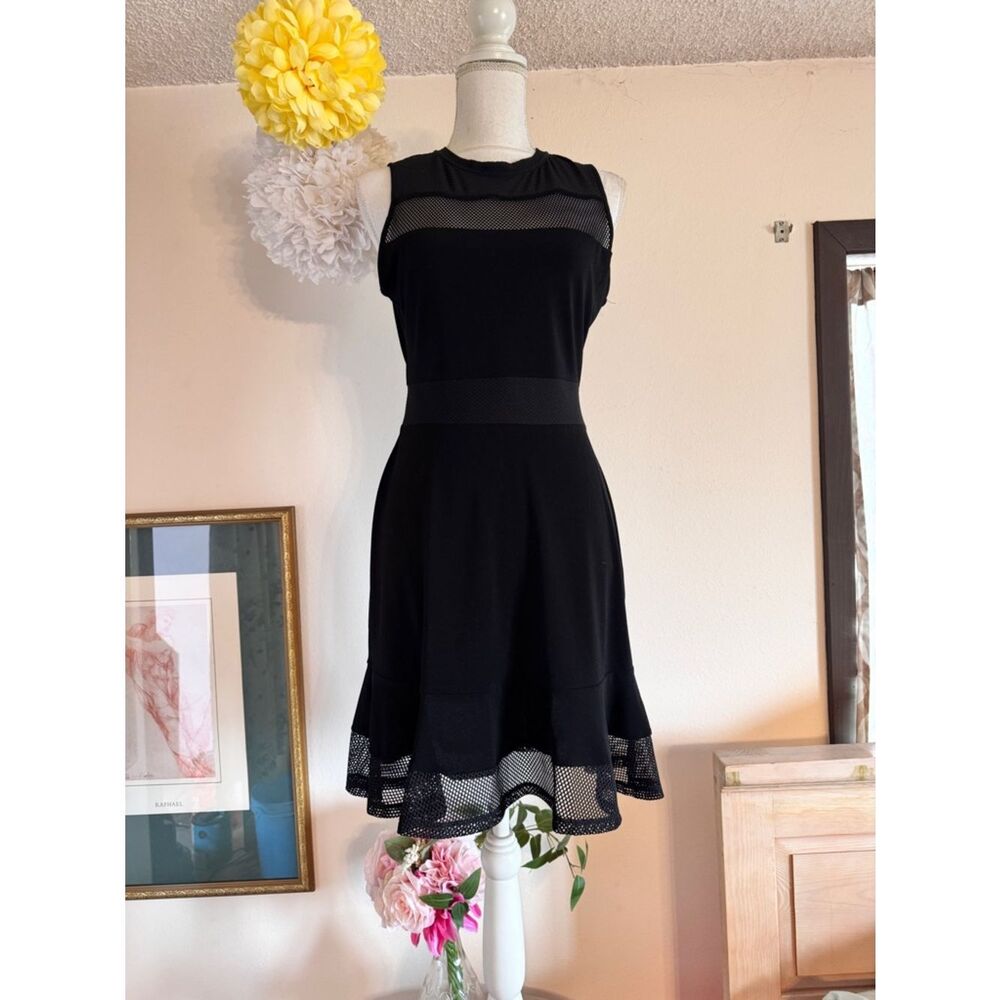Michael Kors Sleeveless Black Mesh-Trim Fit & Flare Dress
